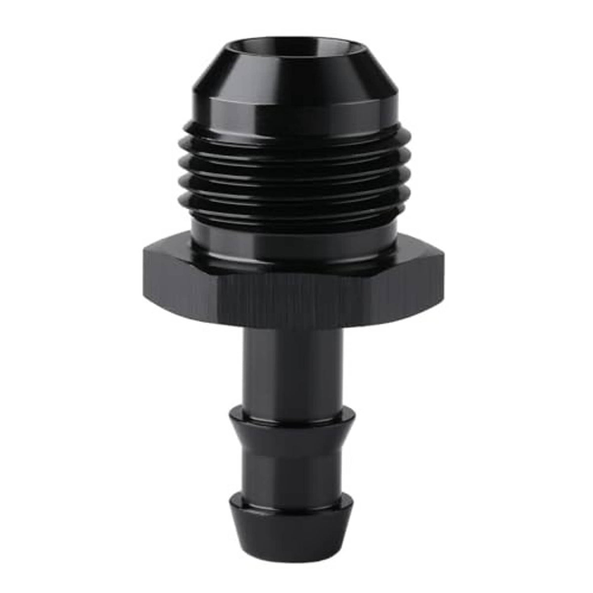 Black AN-to-hose barb straight adapter with male threads and barbed 3/8 hose connection