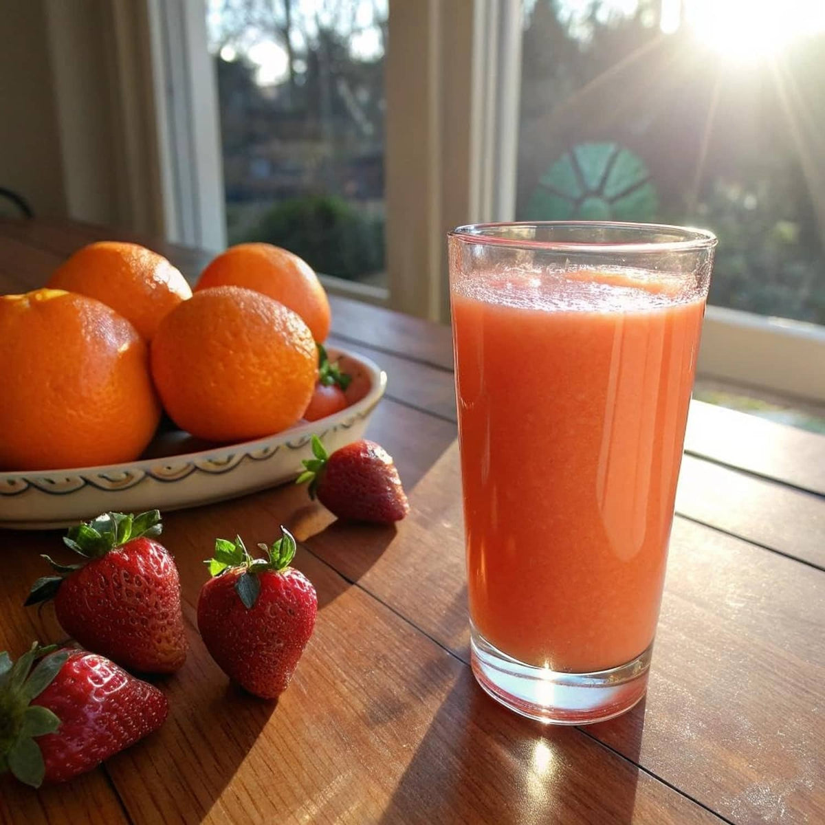 Strawberry orange juice in a clear glass with strawberries and oranges on table