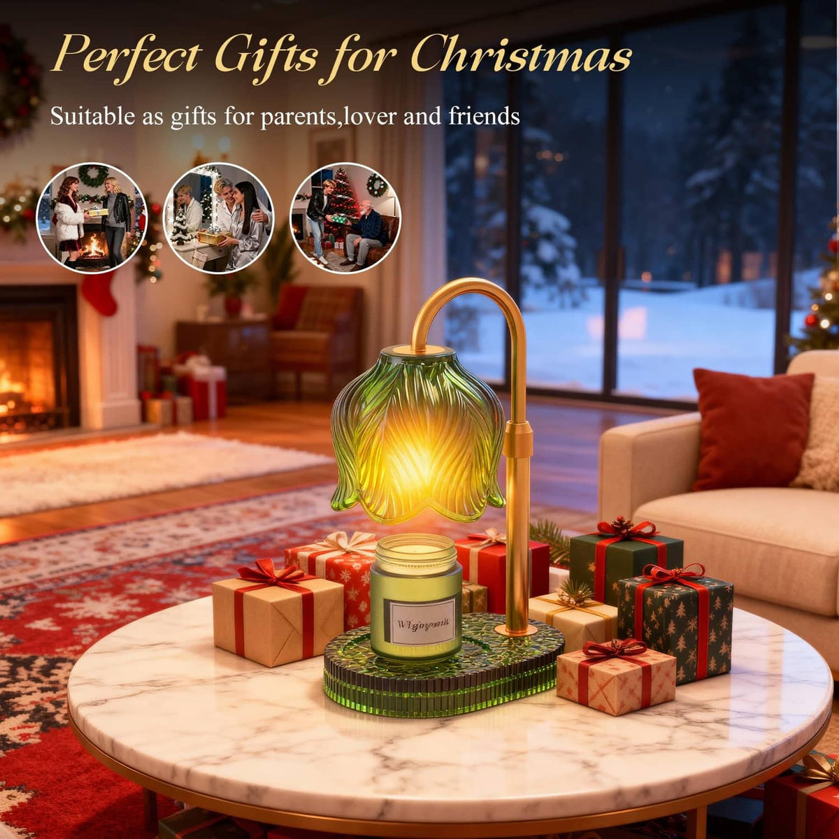 Green flower candle warmer lamp on tabletop with glowing glass shade and jar