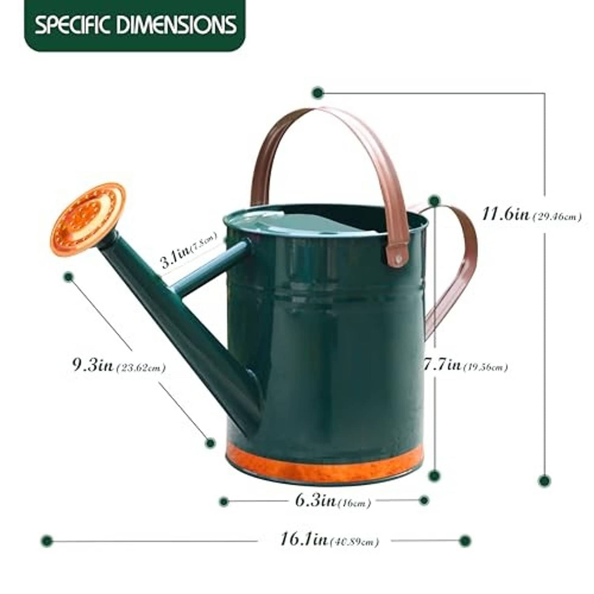 Teal metal watering can with long spout, rose head, and dimensions markings