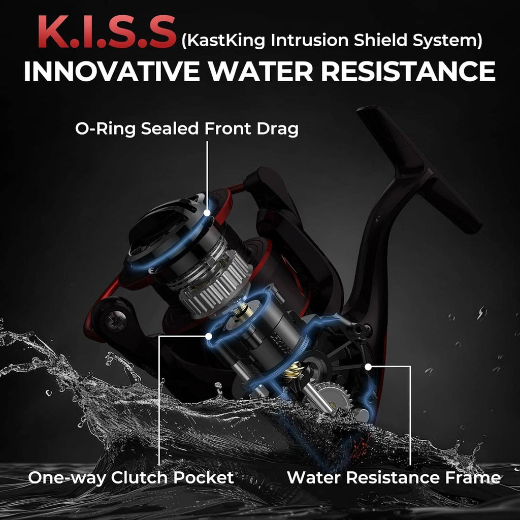 Spinning reel showing sealed front drag and internal parts with blue accents