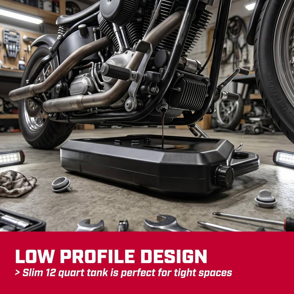 Black low-profile oil drain pan on the floor with front drain spout
