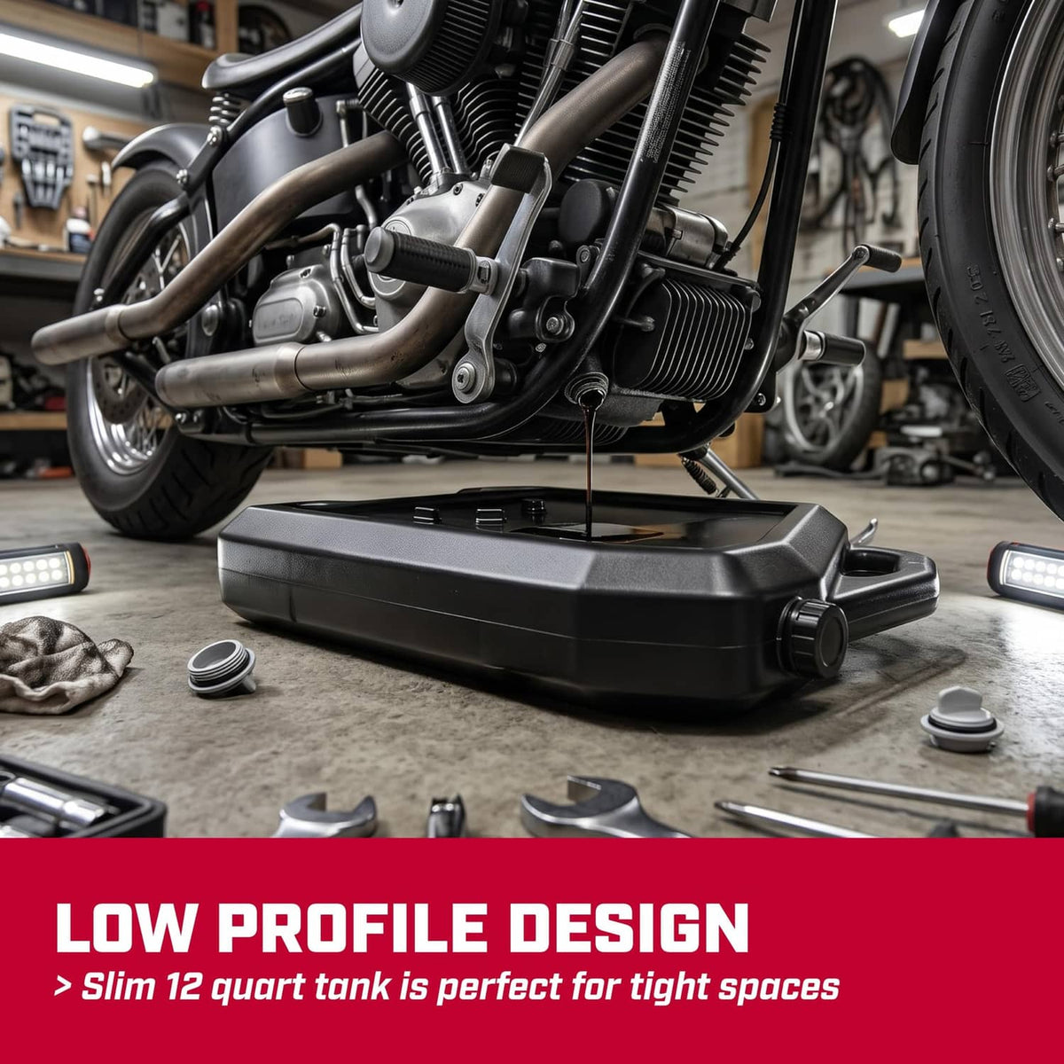 Black low-profile oil drain pan on the floor with front drain spout