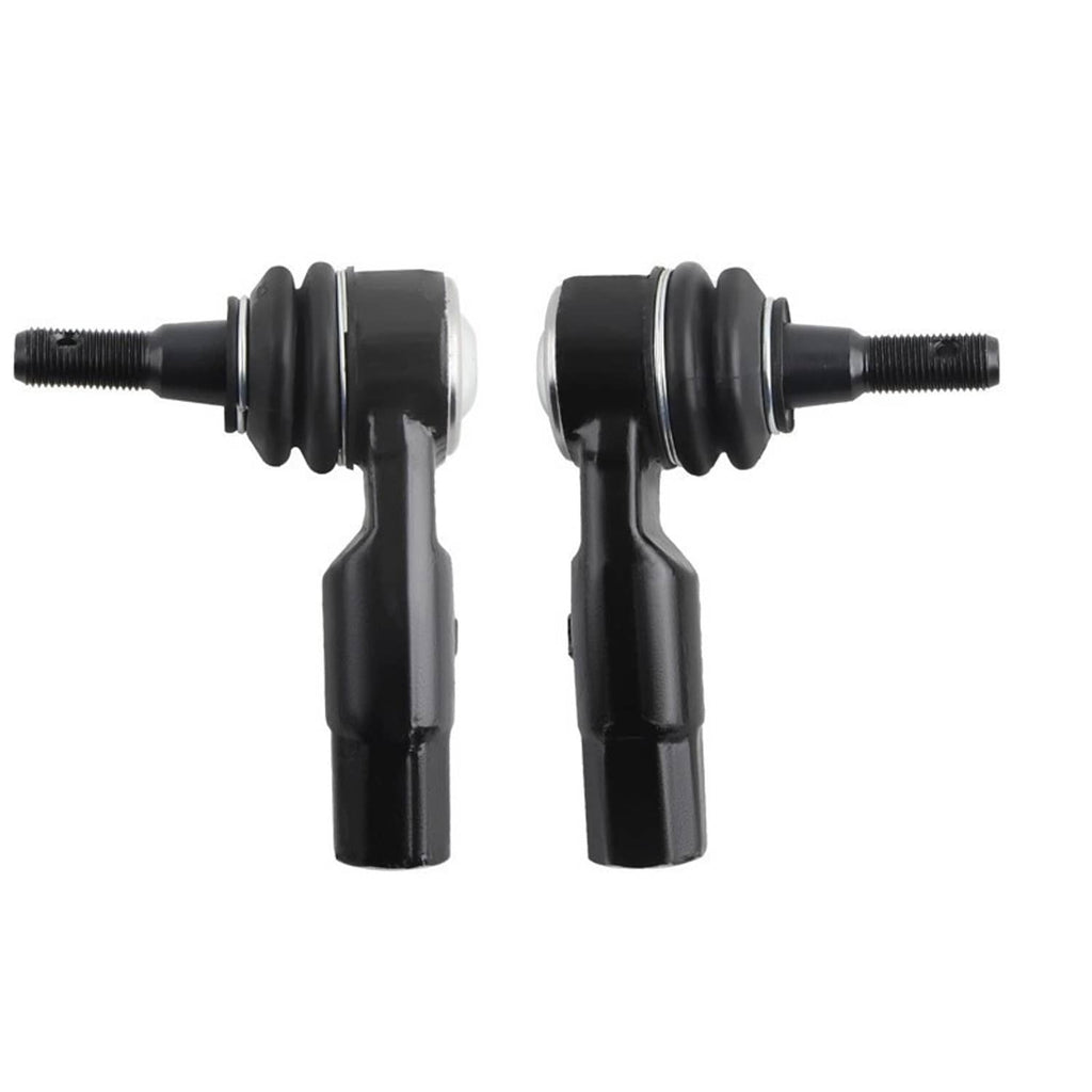Pair of tie rod ends with black rubber boots and threaded adjustment shafts