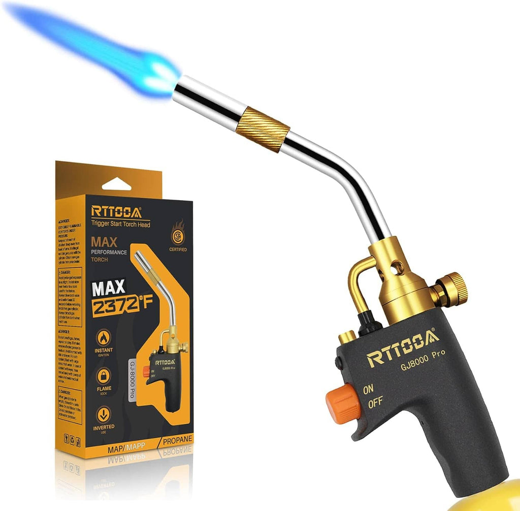Propane torch head with blue flame, gold nozzle and black trigger handle.
