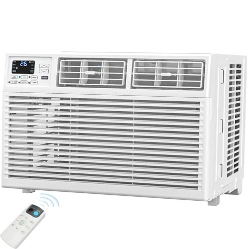 White window air conditioner with front grille and remote control, front view on display.