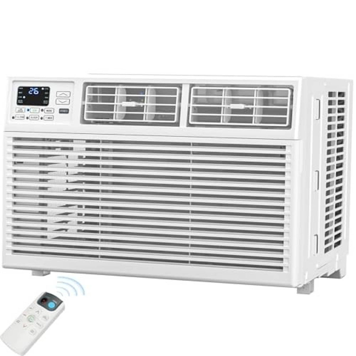 White window air conditioner with front grille and remote control, front view on display.