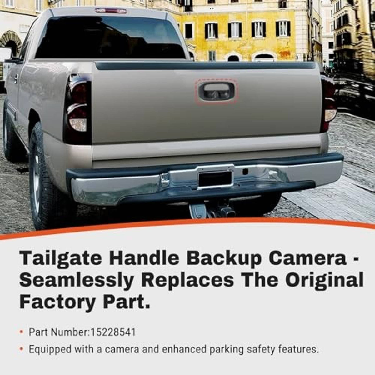 Tailgate backup camera handle installed on truck rear bumper area, black