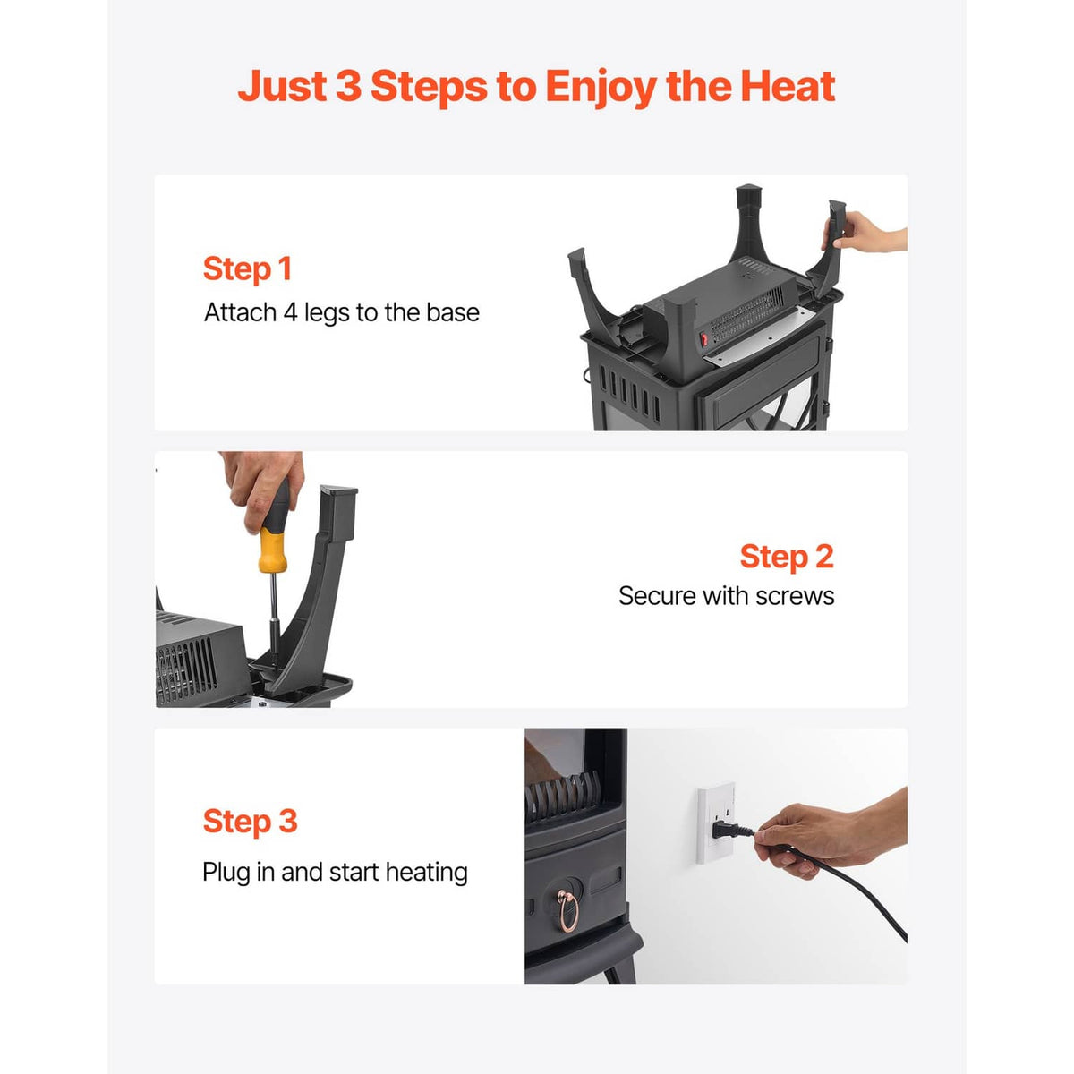 Black electric fireplace heater showing base legs during setup