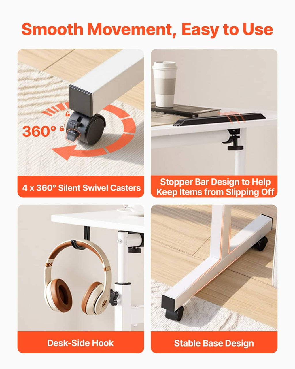 Standing desk on 360° silent swivel casters with stable base and side hook