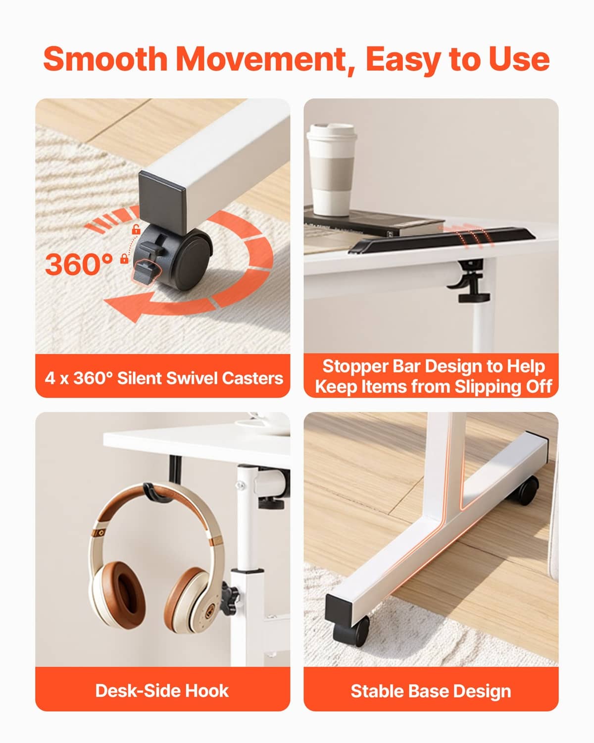 Standing desk on 360° silent swivel casters with stable base and side hook