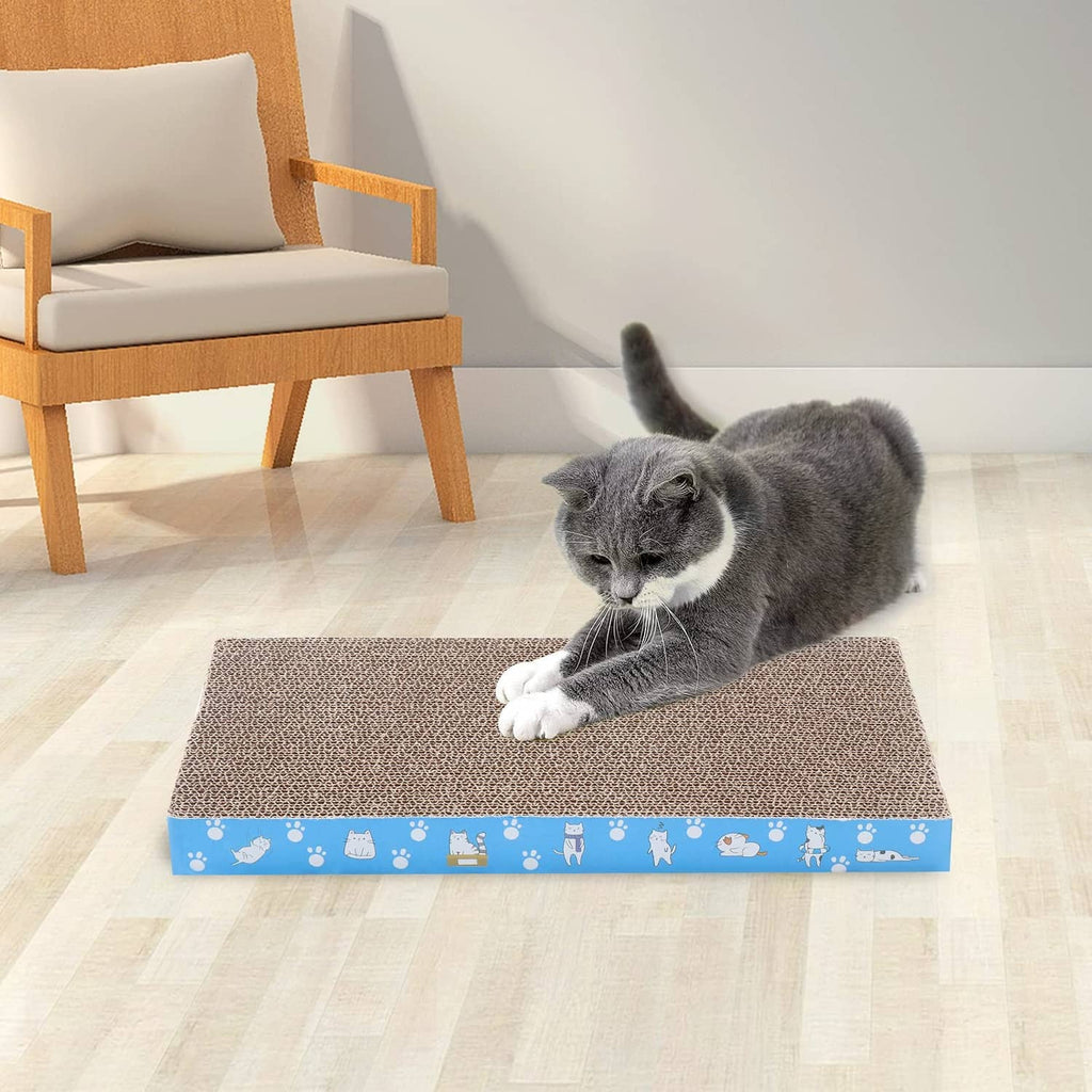Beige cardboard cat scratch pad with corrugated surface and blue pet-print border