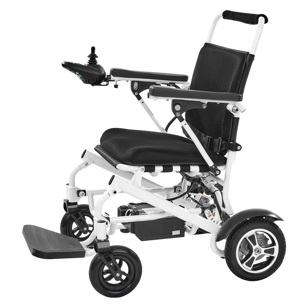 Foldable electric wheelchair side view with black seat cushion and front caster wheels