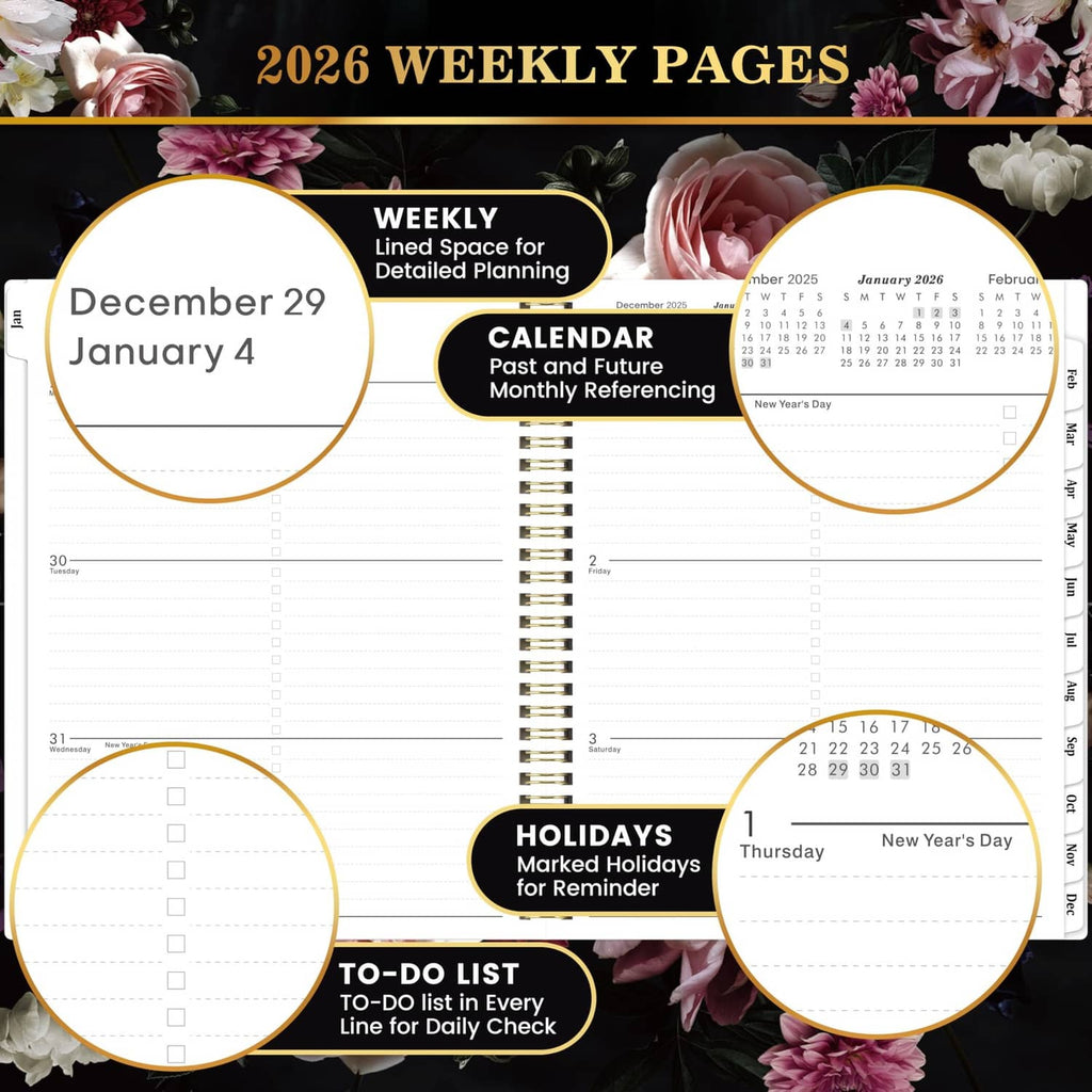 2026 weekly pages layout with calendar grid, to-do list, and holidays reminder boxes