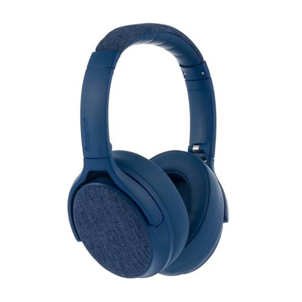 Blue over-ear headphones with padded headband and textured ear pad