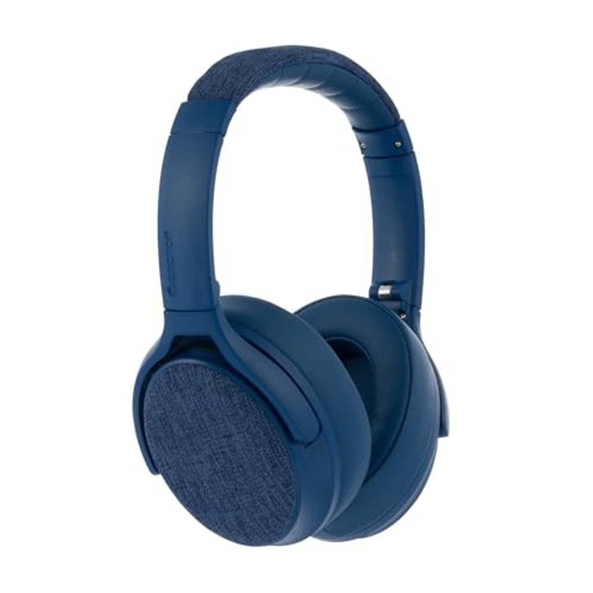 Blue over-ear headphones with padded headband and textured ear pad
