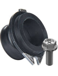Black rubber flex coupler with stainless steel threaded bolt and split retaining tab