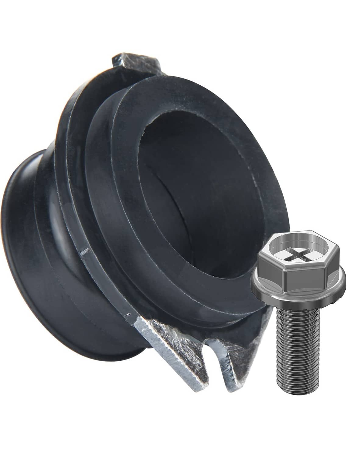 Black rubber flex coupler with stainless steel threaded bolt and split retaining tab