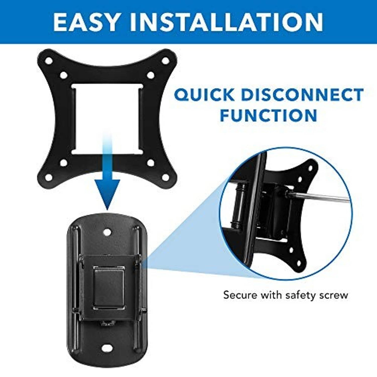 Black tilt TV wall mount bracket showing quick-connect base and safety screw