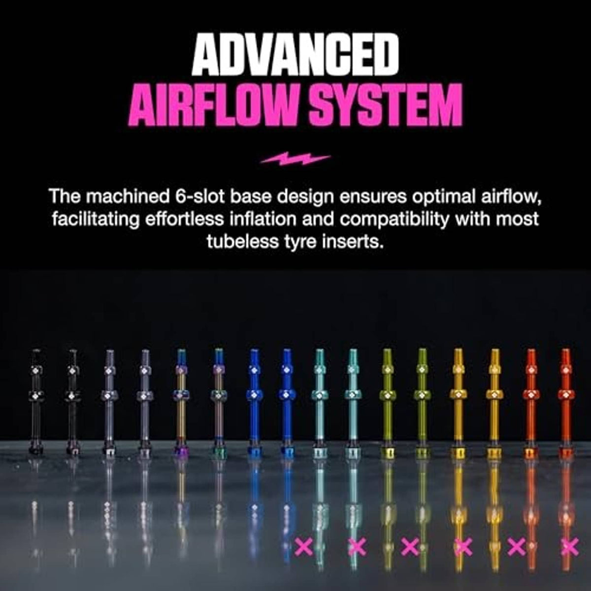 Row of tubeless Presta valves in multiple colors with matching black base pieces