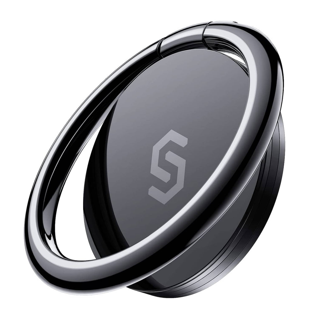 Black phone finger ring holder stand with glossy metal ring and base