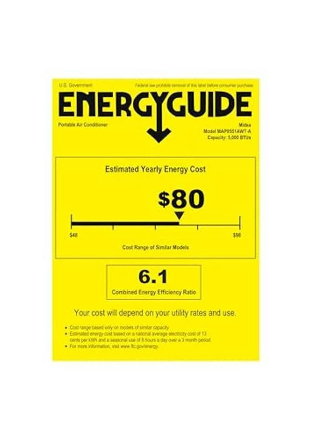 EnergyGuide label for portable air conditioner with estimated yearly energy cost