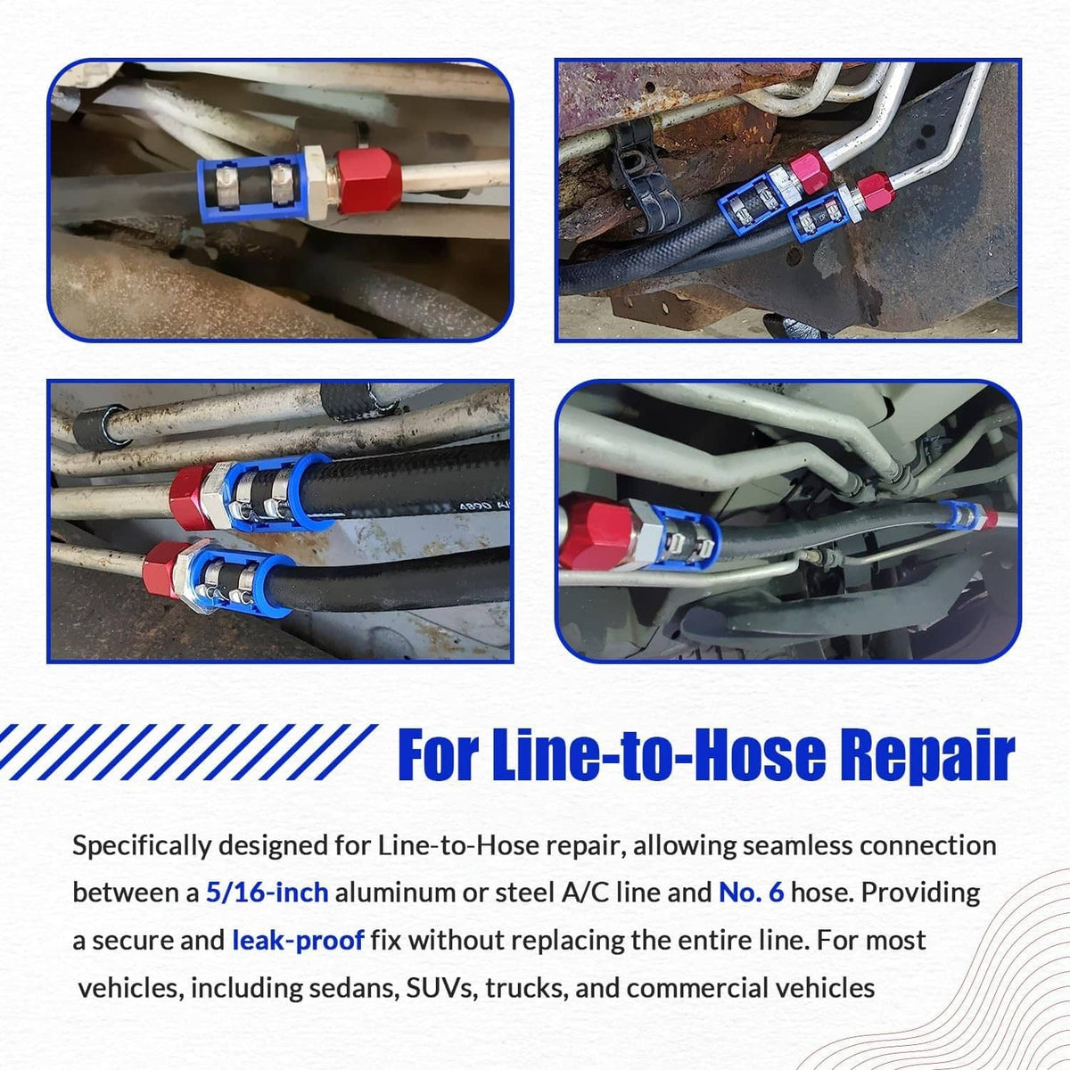 A/C line splice kit with blue couplers and red fittings for line-to-hose repair