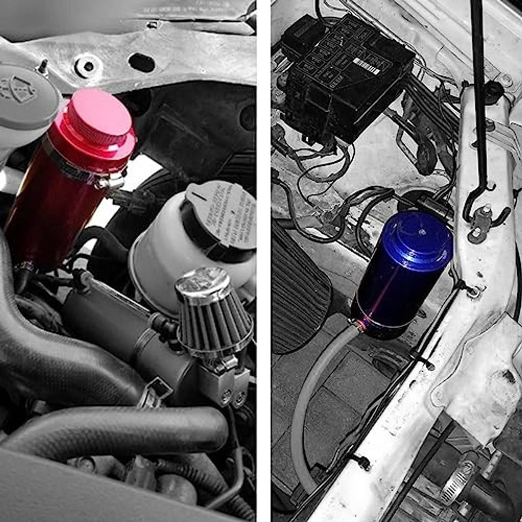 Coolant overflow tank shown in engine bay with blue bottle and red cap