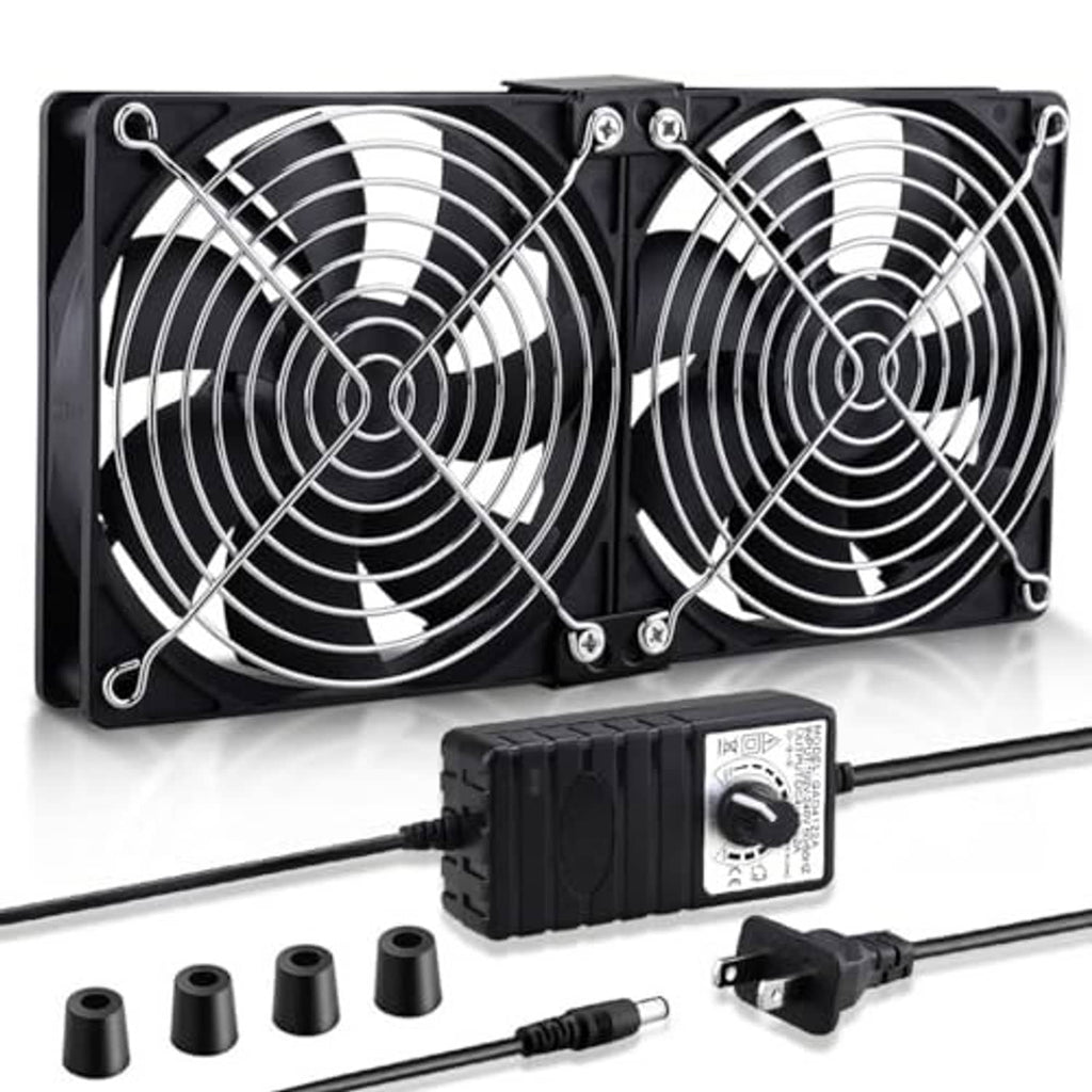 Dual 120mm cabinet fans in black frame with corner mounting screws and wire guards