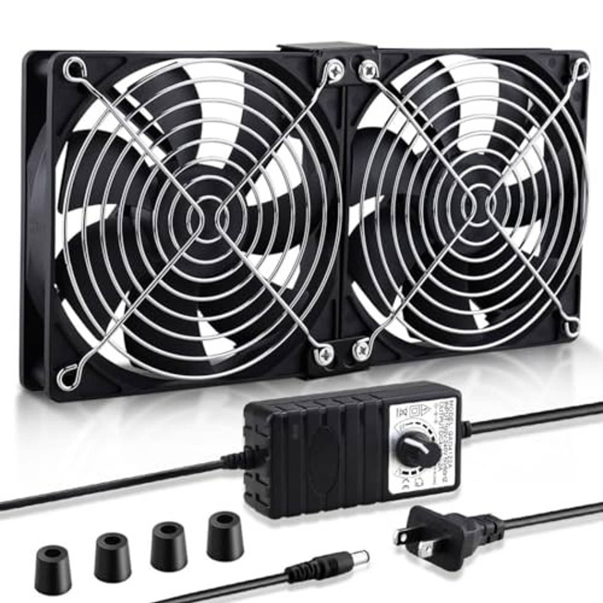 Dual 120mm cabinet fans in black frame with corner mounting screws and wire guards