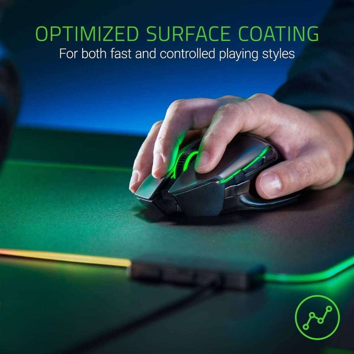 RGB gaming mouse pad with smooth control surface, shown with hand using a mouse