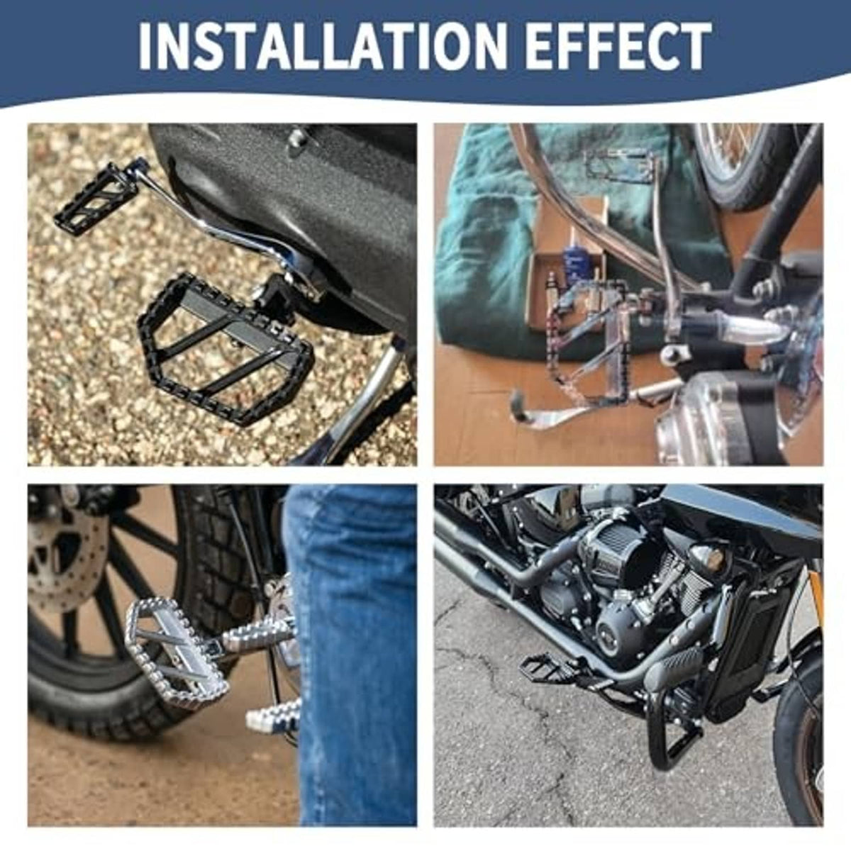Installed black motorcycle foot pegs on side of the bike
