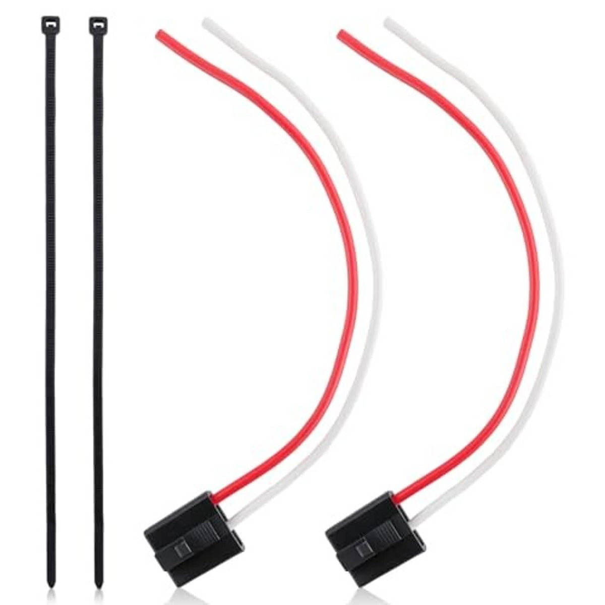 Alternator pigtail connector with two black plugs, red and white wires, black zip ties