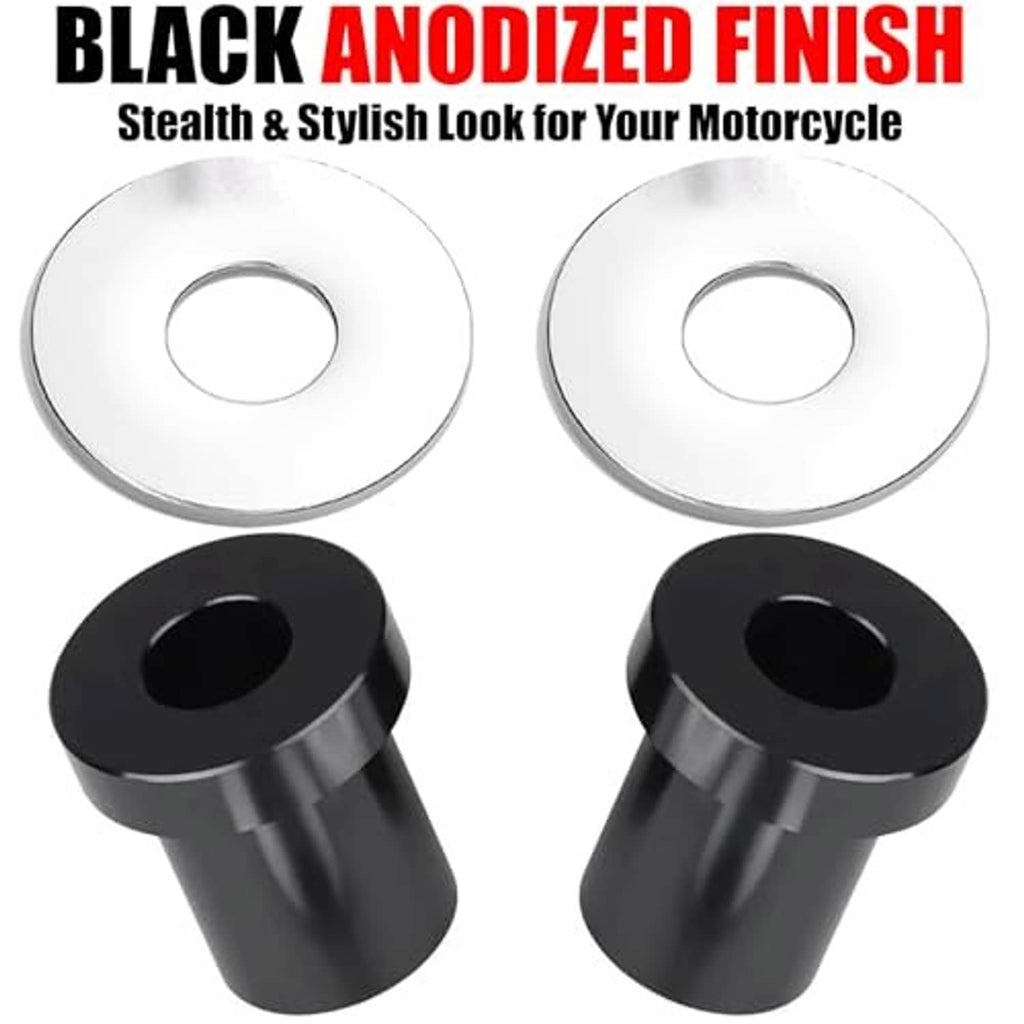 Black anodized handlebar riser bushings with two silver washers, each with center openings