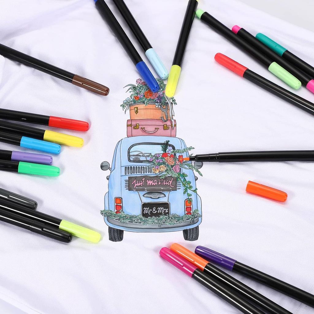 Assorted permanent fabric markers surrounding an illustrated vehicle card