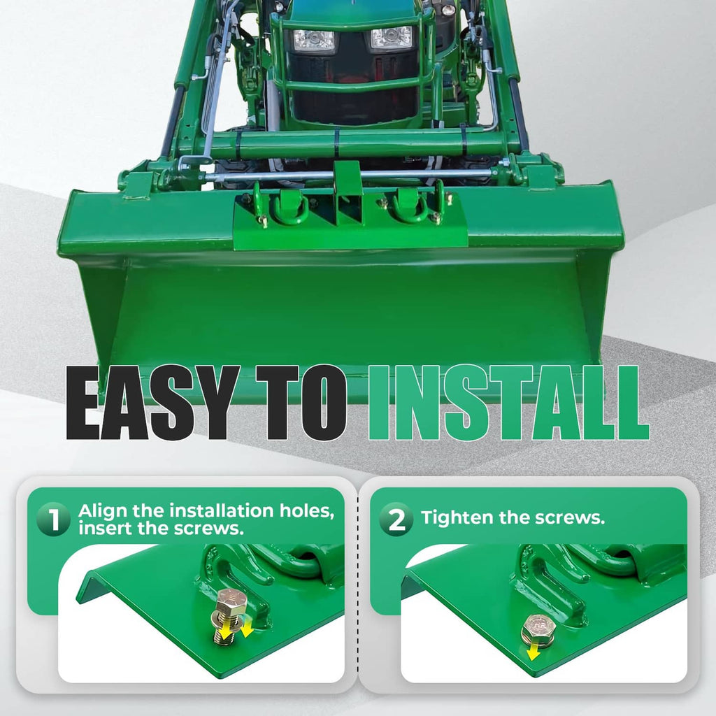 Green steel grab hook mounts on a tractor hitch front with D-ring loops