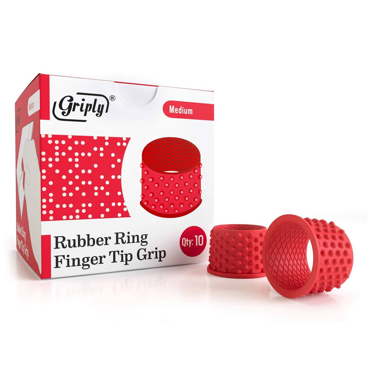 Red rubber finger tip grip rings, medium size, 10-pack (in box)