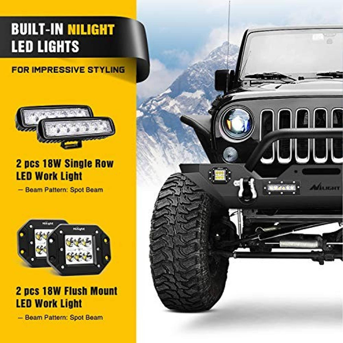 Front bumper with built-in LED work lights and LED pods for a rugged off-road look