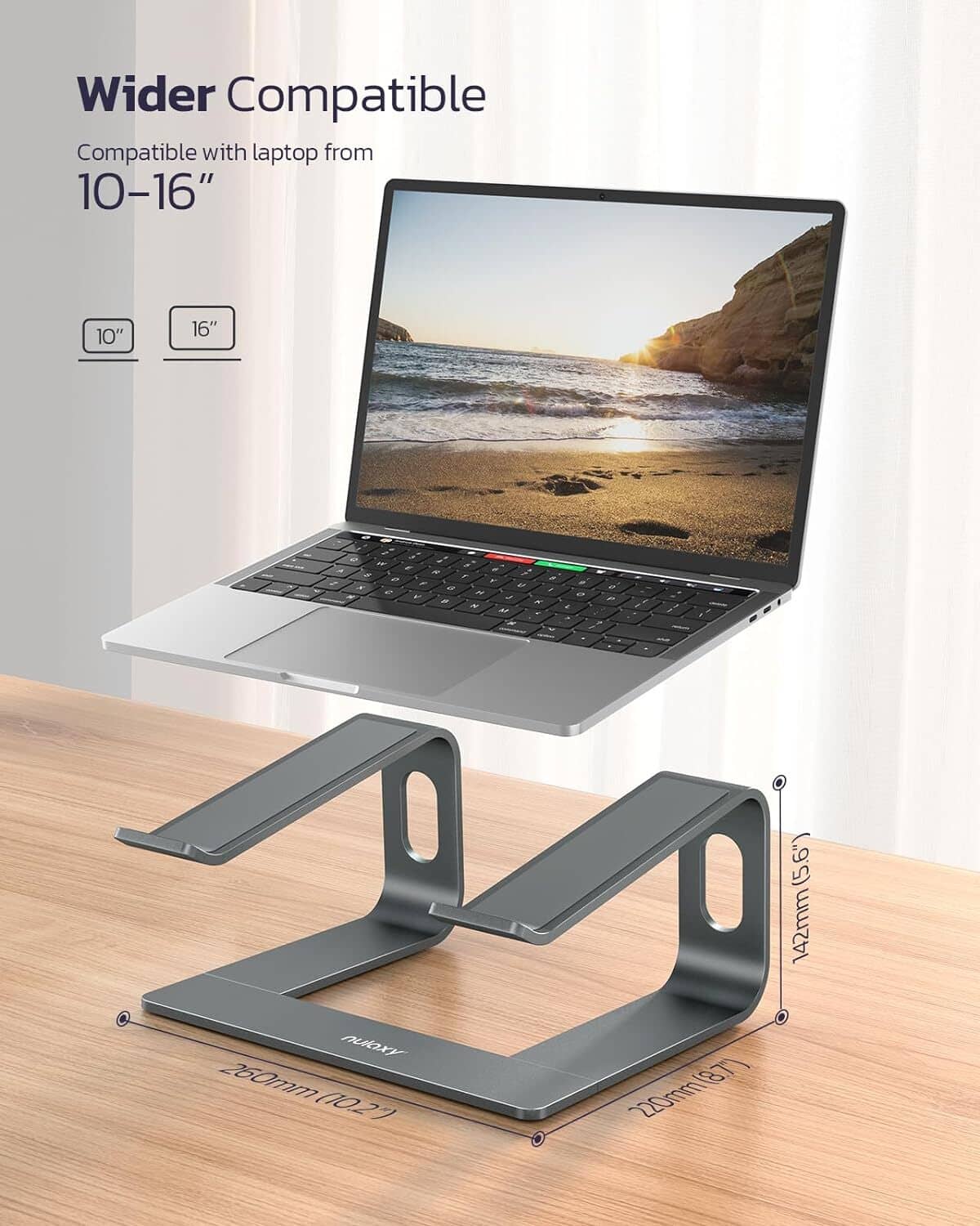 Laptop stand riser with two support arms and elongated base, for 10–16 in laptops