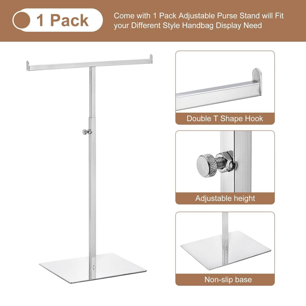 T-shaped adjustable purse stand with non-slip base and double hook bar, silver