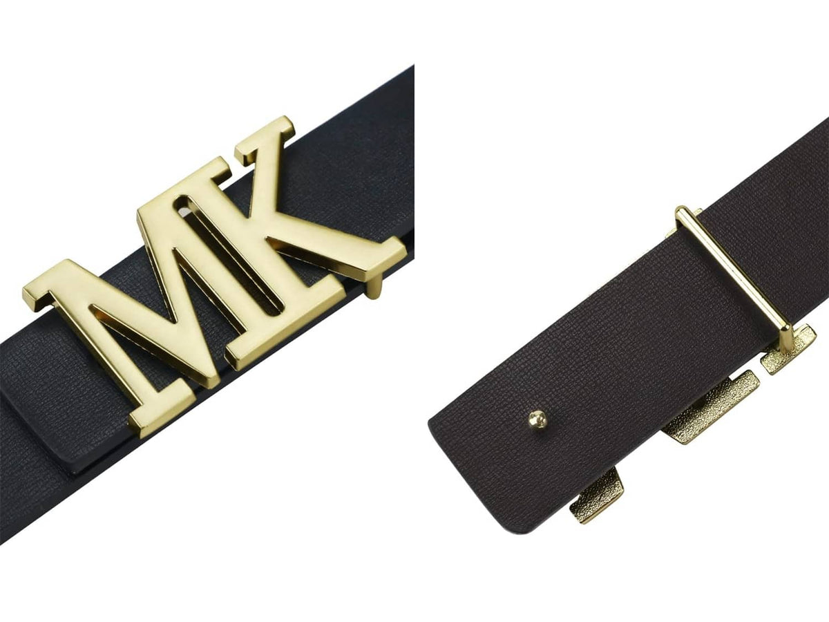 Black leather belt with gold MK buckle and rectangular prong clasp