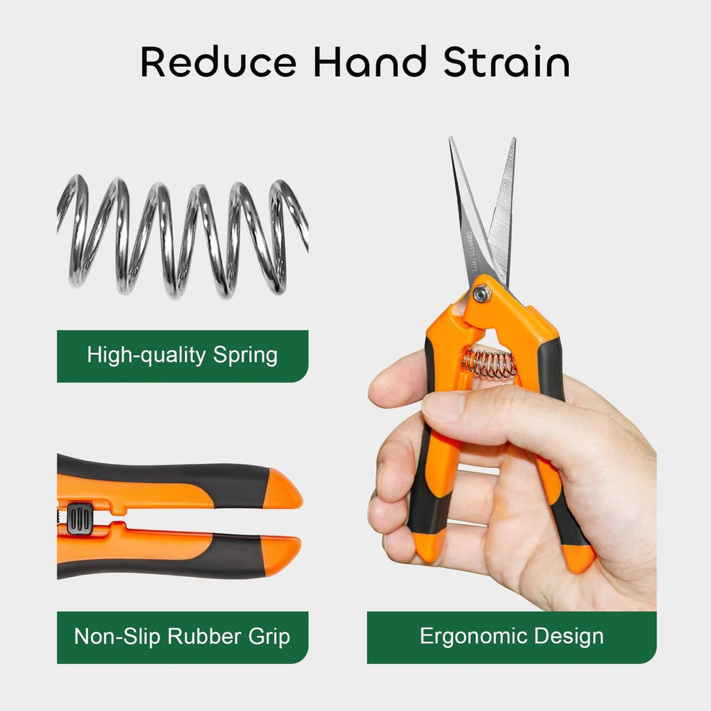 Orange pruning shears with coil spring and non-slip rubber grip, close-up