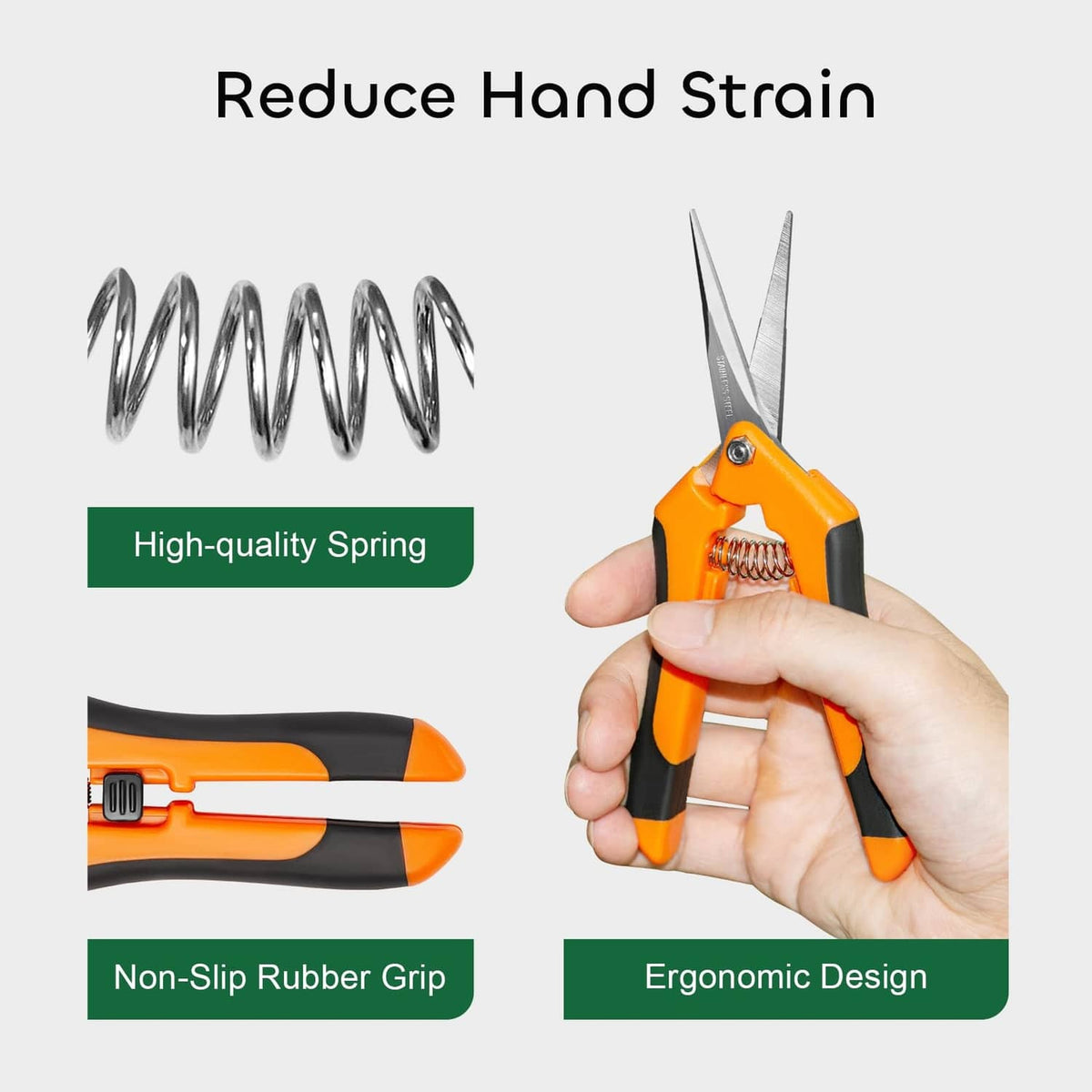 Orange pruning shears with coil spring and non-slip rubber grip, close-up