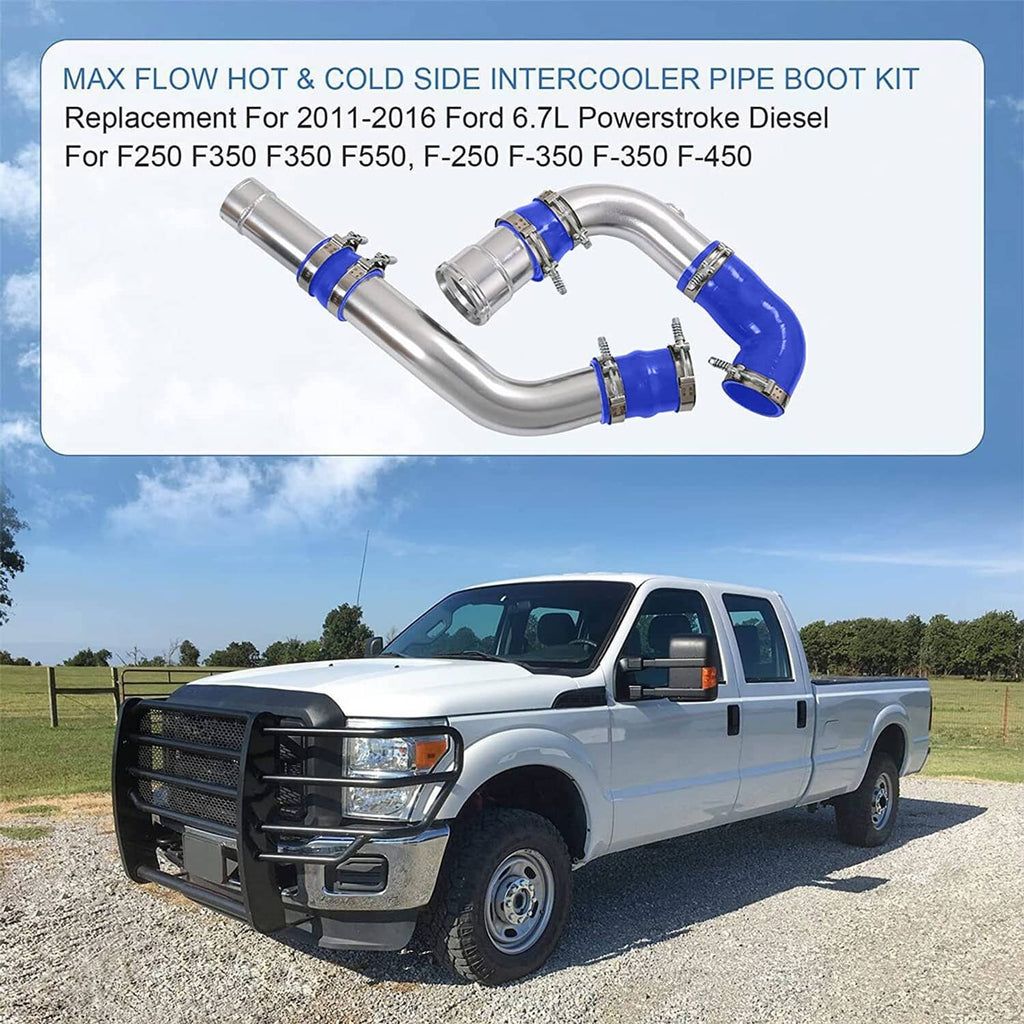 Intercooler pipe and blue silicone boot kit with polished silver piping and clamps