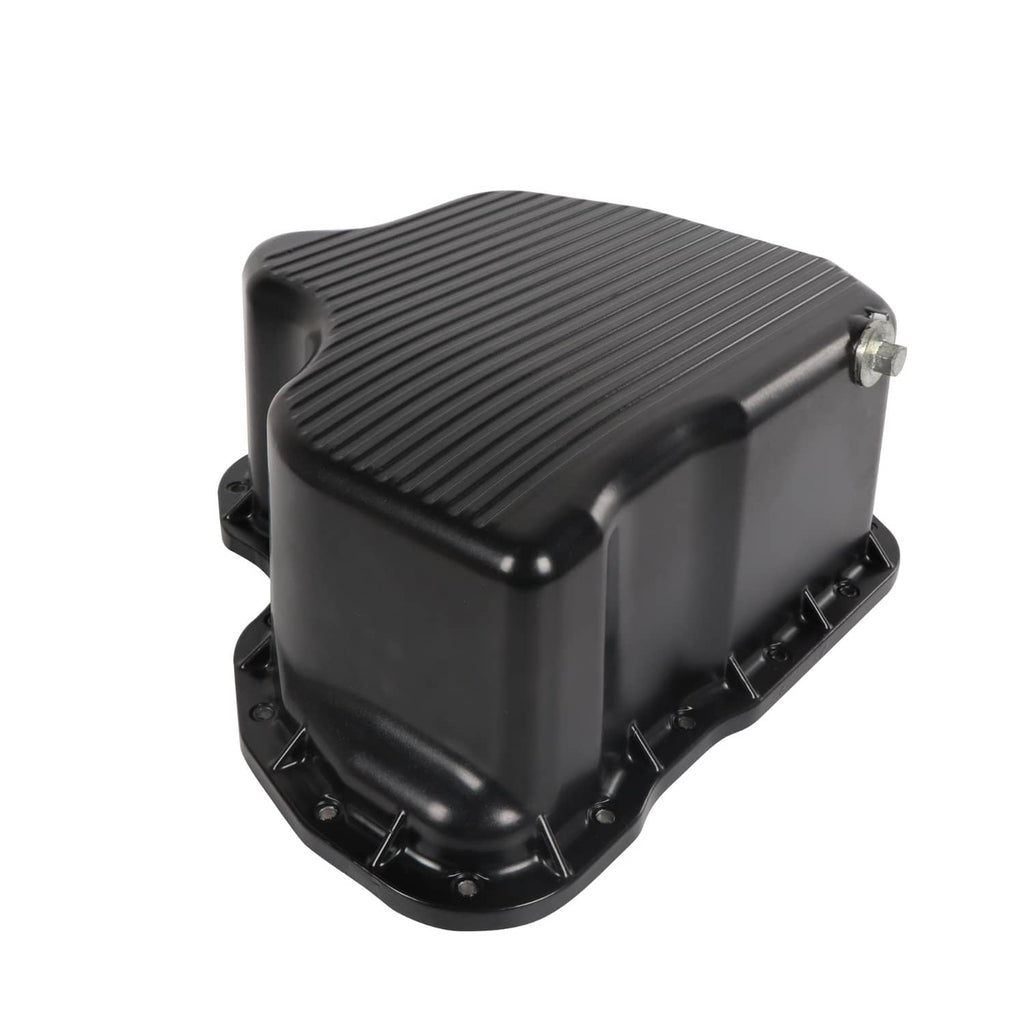 Black deep engine oil pan with ribbed lid and corner mounting tabs