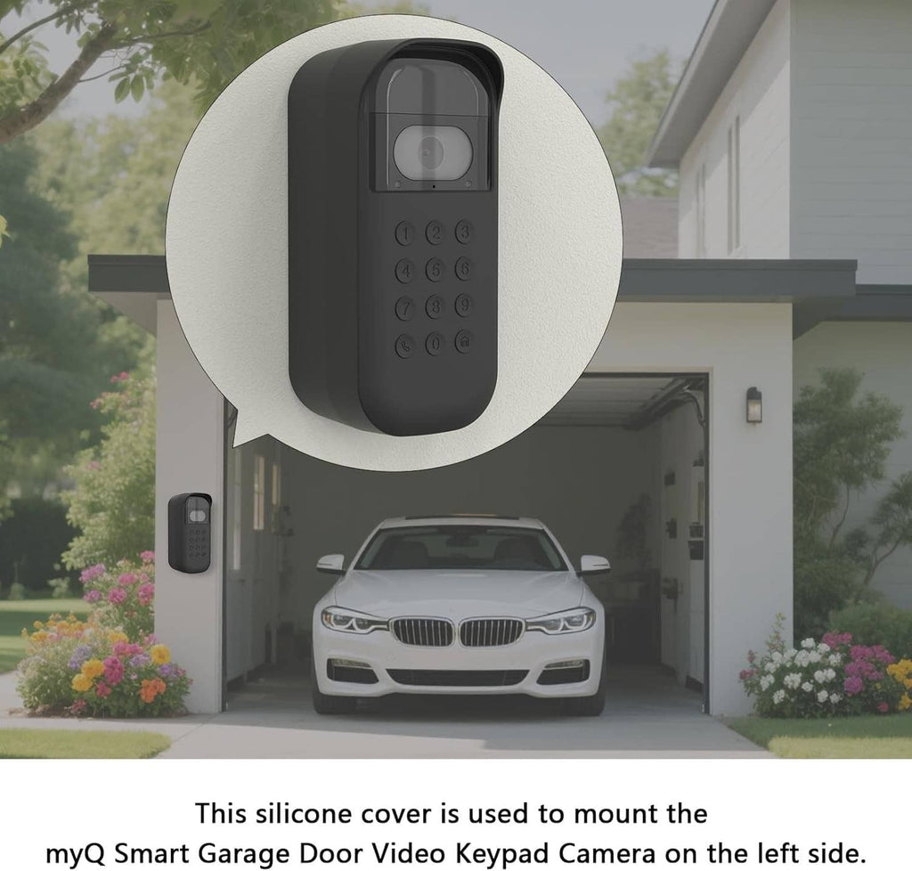 Black silicone cover for myQ smart garage video keypad camera, mounted on exterior wall