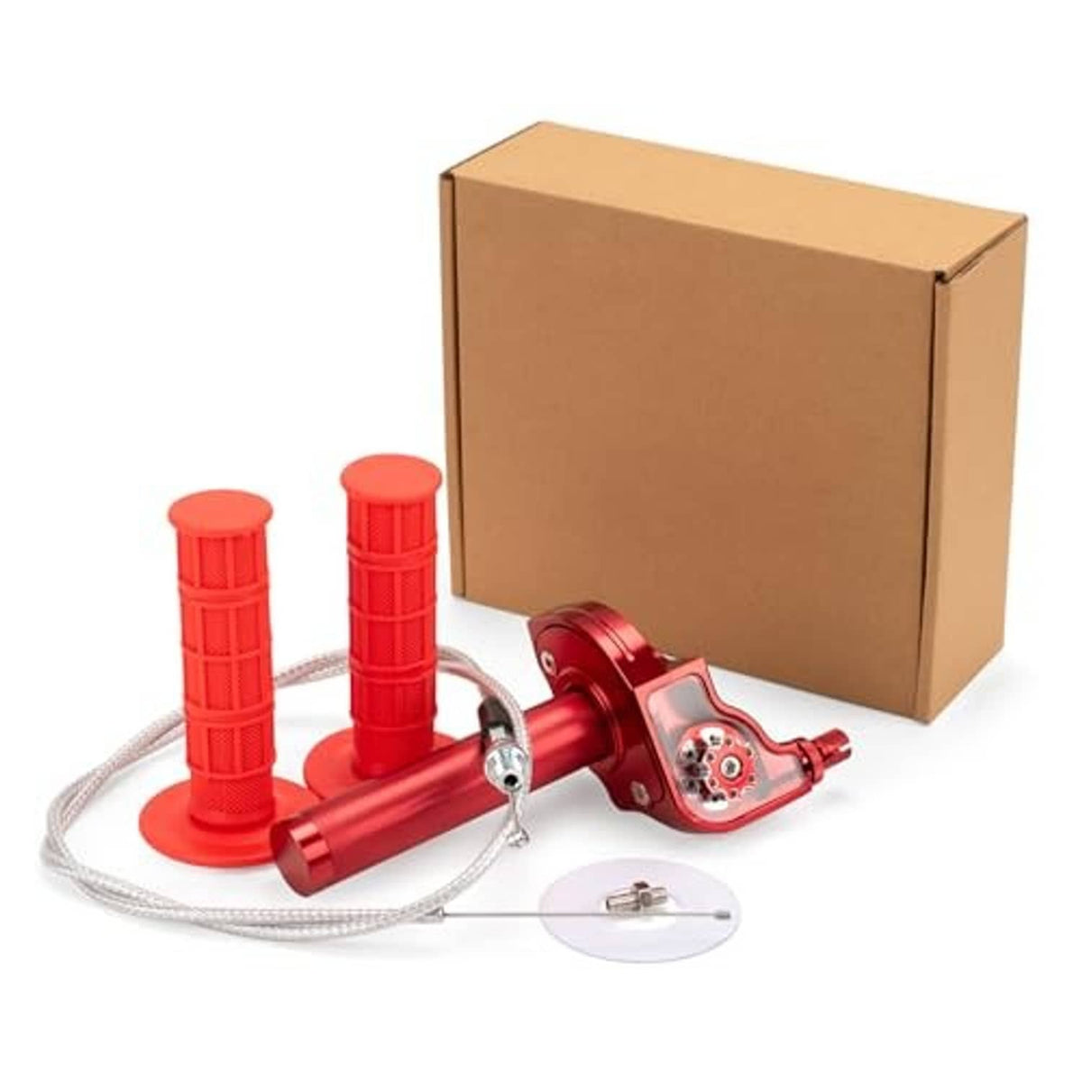 Red mini bike twist throttle kit with two grips, cable, and included cardboard box