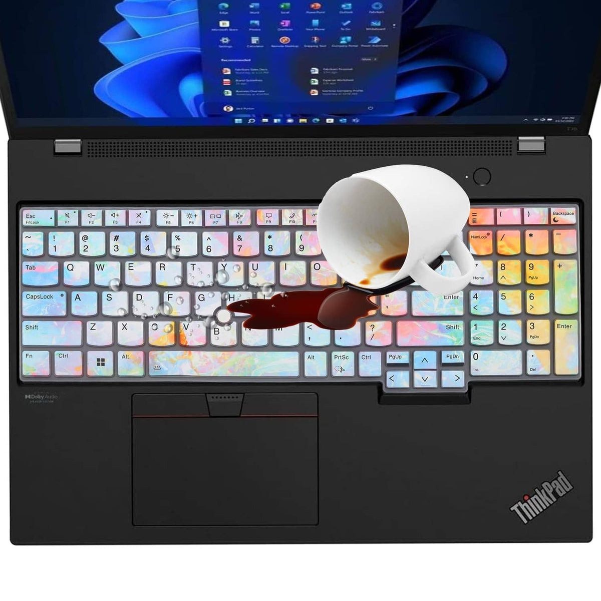 Iridescent keyboard cover aligned on keys with a suction cup tool