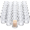 36 clear glass tea light votive holders, empty cups arranged in rows