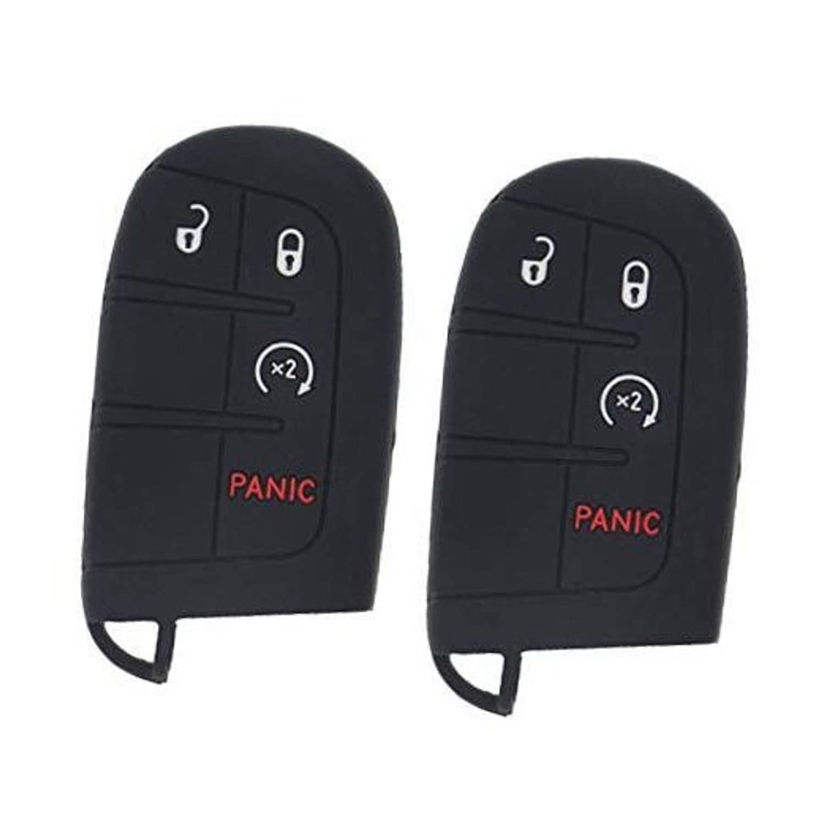 Black silicone key fob cover set showing lock, unlock, x2, and red PANIC button icons